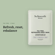 Tea Tree Refreshing Sheet Mask sachet on a sage background, headed Refresh, reset, rebalance.